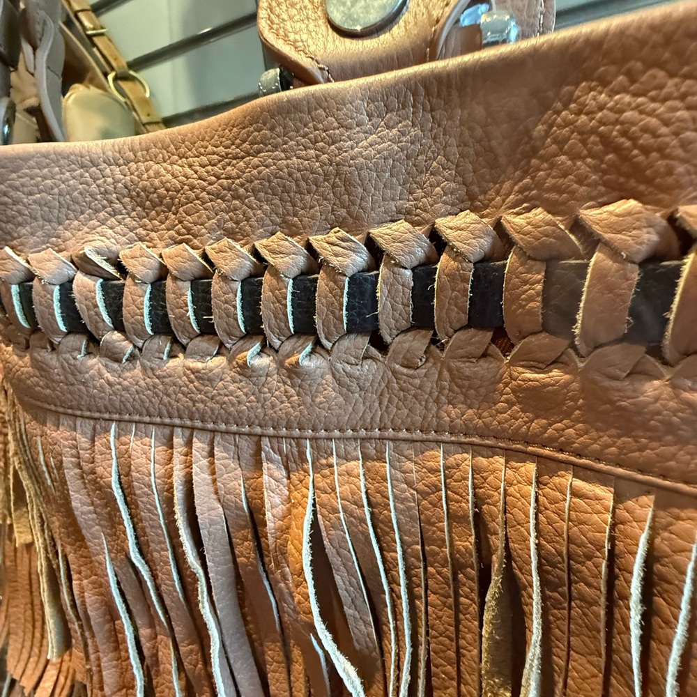 New Aqua Madonna Tan Fringe Leather Tote Bag - Picture 2 of 6